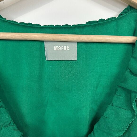 Maeve Anthropologie Pindot Della Ruffle Dress sz M in Kelly Green V Neck Retro - Picture 2 of 13